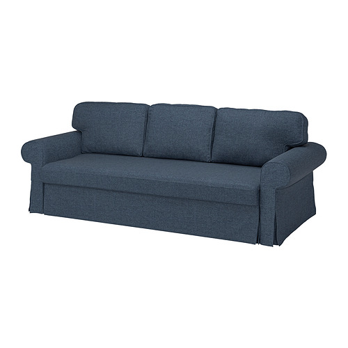 Un sofá azul de tres cojines llamado VRETSTORP, con textura de tejido jaspeado. Tiene un diseño de reposabrazos suavemente enrollado, lo que proporciona un aspecto acogedor y acogedor.