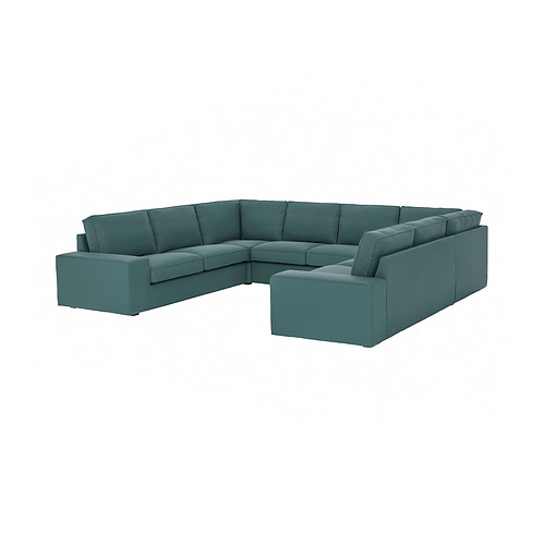 El sofá modular KIVIK en color verde azulado es grande y en forma de U con reposabrazos bajos, que ofrece comodidad e invita a la relajación.