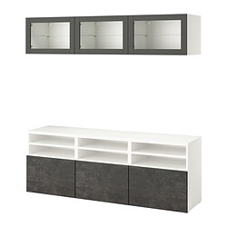 BESTÅ, combinación almacenaje TV con guía para gaveta, cierre suave, Blanco / Kallviken-Sindvik gris oscuro vidrio transparente