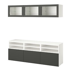 BESTÅ, combinación almacenaje TV con guía para gaveta, cierre suave, Blanco / Sindvik-Lappviken gris oscuro