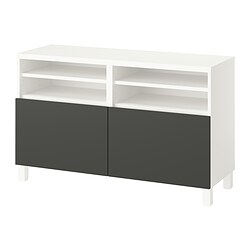 BESTÅ, banco para TV con puertas, Blanco / Lappviken gris oscuro