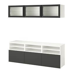 BESTÅ, combinación almacenaje TV con guía para gaveta, cierre suave, Blanco / Lappviken-Fällsvik antracita vidrio acanalado
