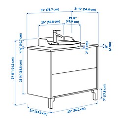 Ilustración de medidas - TÄNNFORSEN/RUTSJÖN Mueble lavamanos con gavetas y llave HAMNSKÄR,