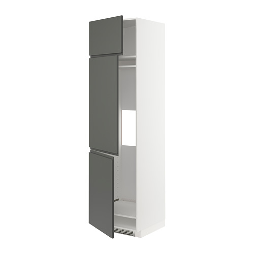 Columna de cocina moderna, gris, blanco, diseño elegante. Estantes, fondo ventilado, asa negra.