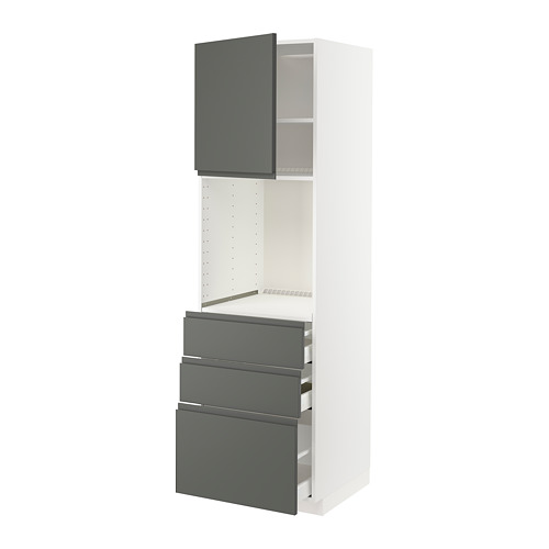 Mueble de cocina moderno: METOD con frentes de voxtorp gris oscuro, marco blanco, tres cajones y armario.