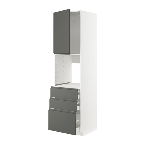 Mueble de cocina moderno, blanco con cajones gris oscuro, diseño elegante.