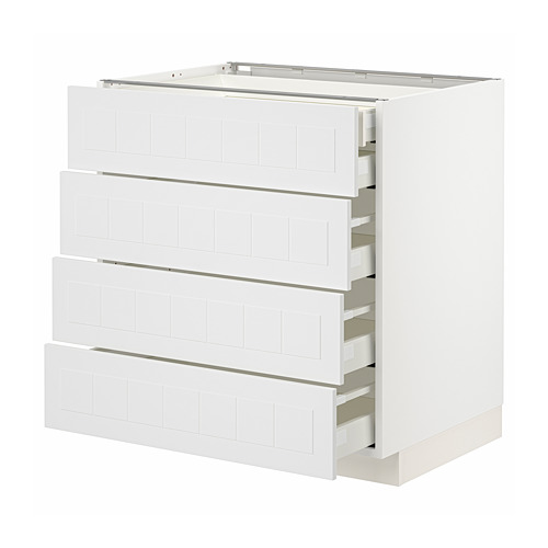 Mueble de cocina METOD blanco con cuatro tiradores. Forma cuadrada, superficie plana lisa, diseño moderno.