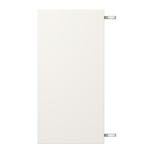 Representa una puerta de armario blanca VEDDINGE con bisagras niqueladas.