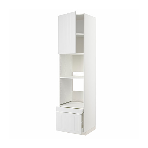 Un mueble de cocina METOD blanco de aspecto artesanal, con múltiples estantes y cajones con mecanismos de funcionamiento suave.