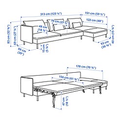 Ilustración de medidas - SÖDERHAMN sofá cama de 4 plazas