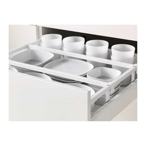 Organizador de cajones de cocina blanco, con capacidad para tazones y tazas, con cajones de cierre automático de funcionamiento suave.