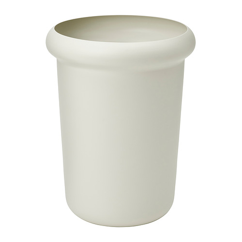 Una jardinera MÅBÄRSBUSKE blanca, de forma cilíndrica, hecha de recubrimiento en polvo de poliéster. Está diseñado tanto para uso en interiores como en exteriores.