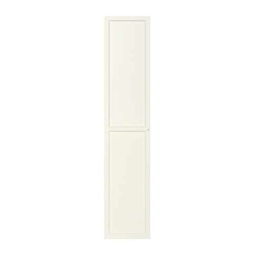 Un armario OXBERG blanco con una puerta de un solo panel, fabricado en tableros de fibra y papel de aluminio, de forma rectangular.