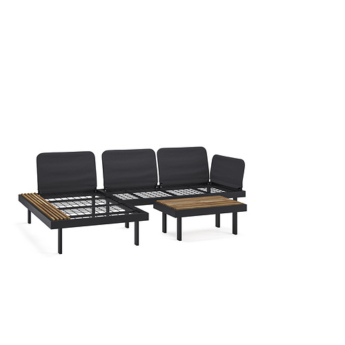 Un juego de salón al aire libre REVSKÄR negro, con sofá, tumbona y mesa de centro con elegantes marcos de metal y detalles en madera.