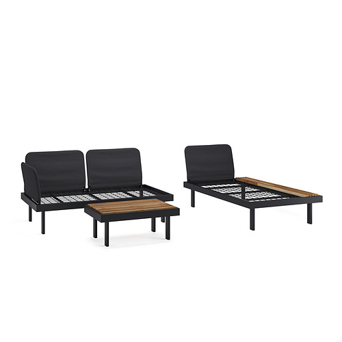 Conjunto de exterior REVSKÄR: sofá negro, mesa de centro, tumbona, madera de acacia, marcos de acero.
