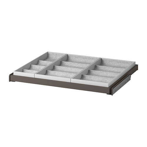 Bandeja organizadora de tela gris KOMPLEMENT, de forma rectangular con múltiples compartimentos, se extrae suavemente, ideal para el almacenamiento de accesorios.
