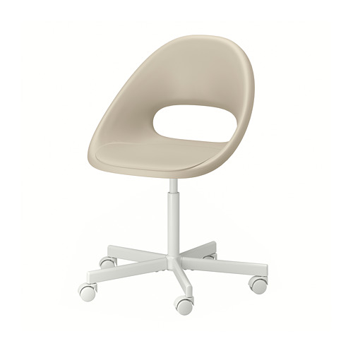 Una silla de oficina ELDBERGET de color beige claro con asiento y respaldo redondos, base de metal blanco y ruedas.