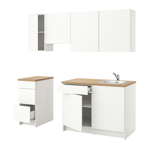 Juego de cocina KNOXHULT, blanco limpio y roble, moderno y funcional, incluye armarios, fregadero, grifo.