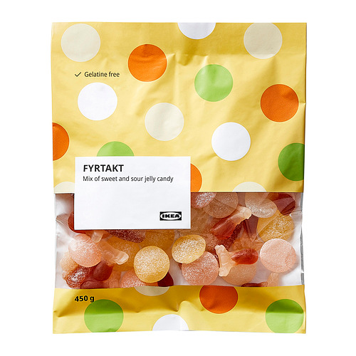 Bolsa de caramelos IKEA FYRTAKT, gelatina agridulce mixta, 450 g, lunares de colores.
