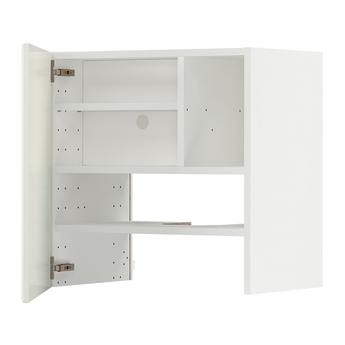 Mueble de cocina METOD blanco de ikea, abierto, mostrando estantes y bisagras.