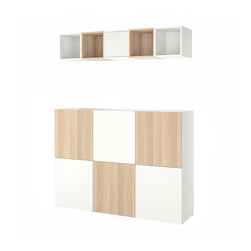 Combo de almacenaje BESTÅ blanco con puertas de madera clara, diseño moderno y minimalista.