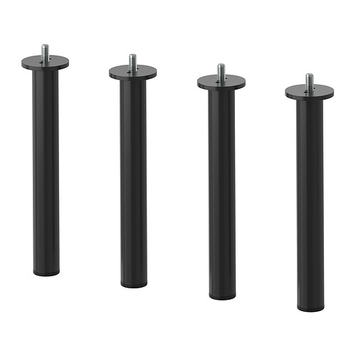 Cuatro patas de metal negro para muebles. Son cilíndricos con una parte superior redonda plana, hechos de acero con recubrimiento epoxi, adecuados para el diseño moderno.