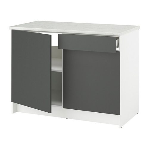 Mueble de cocina moderno. Encimera de mármol blanco, puertas gris oscuro. Un estante en el interior, viene empaquetado en plano.