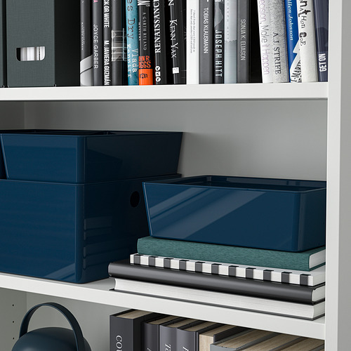 Estantería con cajas de plástico azul y una pila de libros, demostrando almacenamiento organizado y protección contra el polvo.