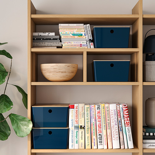 Estantería con cajas azules brillantes que guardan papeles o gadgets, cuenco de madera en el centro y varios libros.