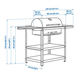 Measurement Illustration - GRILLSKÄR charcoal grill with 2 side tables