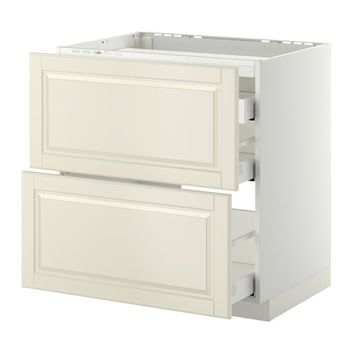 Mueble de cocina blanco con cajones, diseño tradicional, blanco roto.