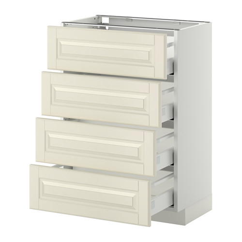 Un mueble de cocina METOD blanco con cuatro cajones bodbyn en color blanco roto, cada uno con bordes biselados. Tiene un marco robusto con cajones de funcionamiento suave.