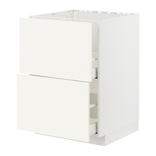 Un mueble de cocina METOD blanco con dos cajones y una puerta. Tiene un diseño moderno con un acabado liso y elegantes tiradores de cajón.
