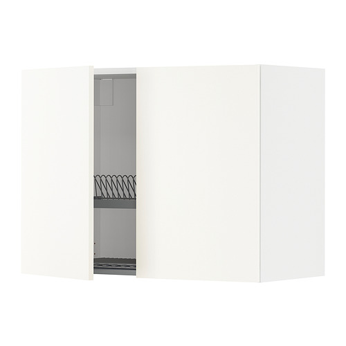 Mueble de cocina METOD en blanco con puerta abierta, escurridor de platos de acero.