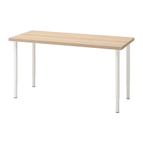Escritorio LAGKAPTEN, tablero de madera clara, patas blancas, altura ajustable, diseño moderno y minimalista.