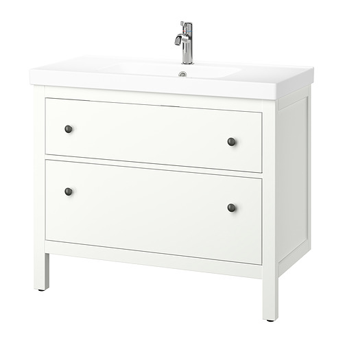 Tocador de baño blanco Ikea HEMNES, lavabo de cerámica, grifería cromada, 2 cajones.