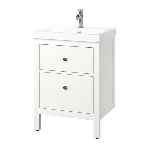 Un mueble de baño HEMNES blanco con lavabo. Tiene dos cajones, un diseño moderno y un grifo cromado.