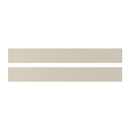 Dos elegantes frentes horizontales de gabinetes de cocina beige. Son rectangulares con superficies lisas y lacadas y núcleos de tableros de fibra.