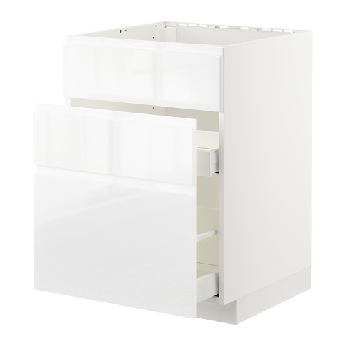 Mueble de cocina blanco de alto brillo con cajón liso, diseño moderno.