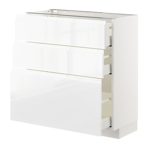 Mueble de cocina moderno blanco de alto brillo con cajones.