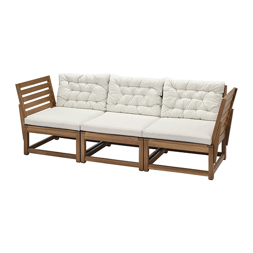Sofá de exterior NÄMMARÖ, cojines beige claro, madera de acacia, diseño moderno.