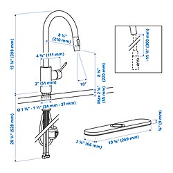 Measurement Illustration - SALLSJÖN pull out kitchen faucet with spray