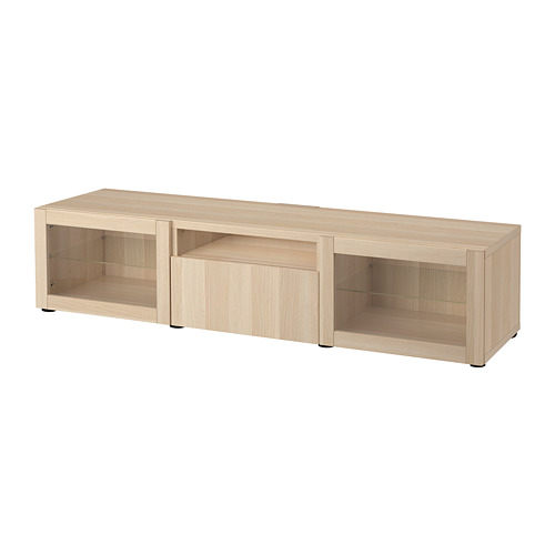 Mueble de tv de madera clara, 3 secciones: 2 estantes abiertos, 1 cajón central, diseño minimalista.