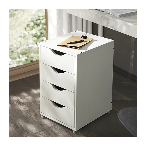 Mueble rodante de cuatro cajones FRIIDROTT blanco, elegante y moderno con un diseño minimalista, apto para el hogar o la oficina.
