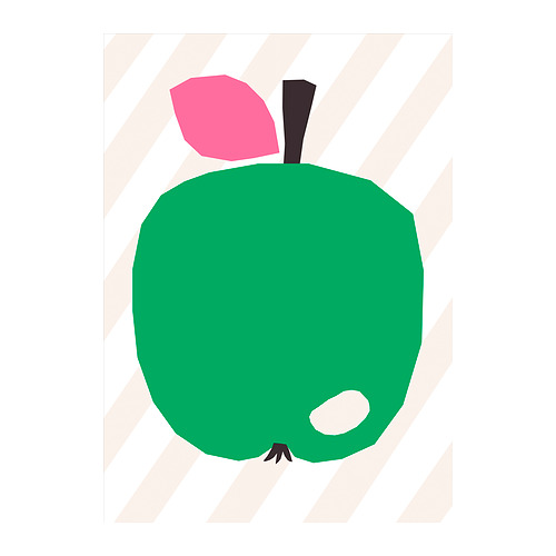 Cartel de manzana verde, hoja rosa, tallo negro, fondo a rayas, diseño simple