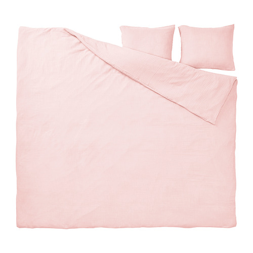 Juego de cama rosa claro, algodón orgánico, liso con textura sutil, incluye edredón nórdico y dos almohadas.