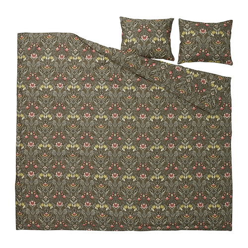 Juego de ropa de cama floral verde oscuro con edredón y fundas de almohada. Hecho de algodón y lyocell. Tonos terrosos.
