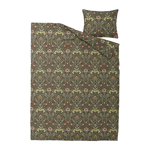 KÄRRDUNÖRT: juego de cama floral oscuro, con tonos terrosos, algodón y lyocell tejidos densos, diseño floral intrincado.