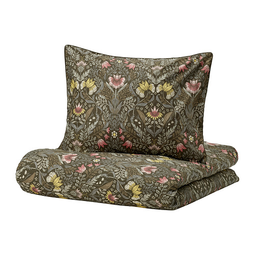 KÄRRDUNÖRT juego de edredón y almohada, floral verde, algodón-lyocell, rectangular, suave, diseño artesanal.