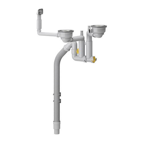 Un sistema de fontanería gris LILLVIKEN con tubos y un colador fabricado en plástico blanco y acero inoxidable. Incluye una manguera flexible y un tapón de limpieza.